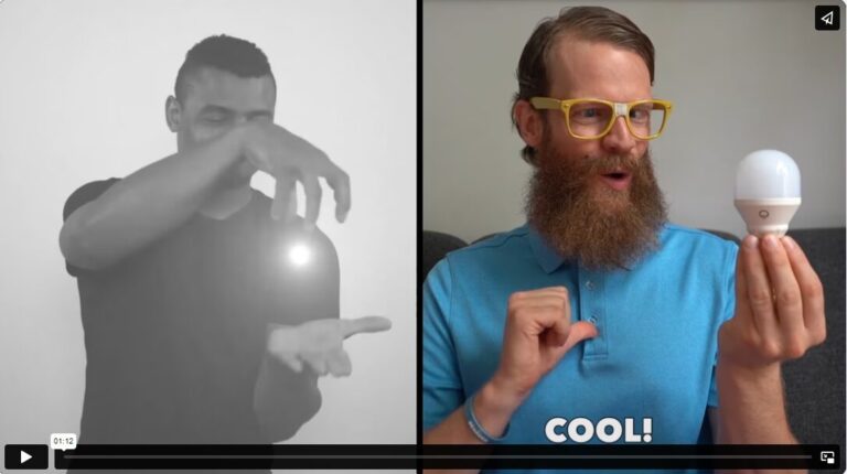 A video thumbnail of two images. On the left is a black and white image of a man in a black tee and short black hair, with his hands around a floating light orb. The second image shows a white man with brown hair and a long beard, wearing a blue polo top and yellow glasses, looking entertained by a light bulb in his hand. At the bottom, in white text, is the word “Cool!”.